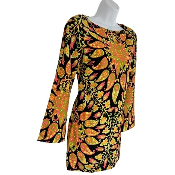 ZARA Mini Bodycon Floral Paisley Dress Bell Sleeve Cutout Multicolor - Picture 4 of 9